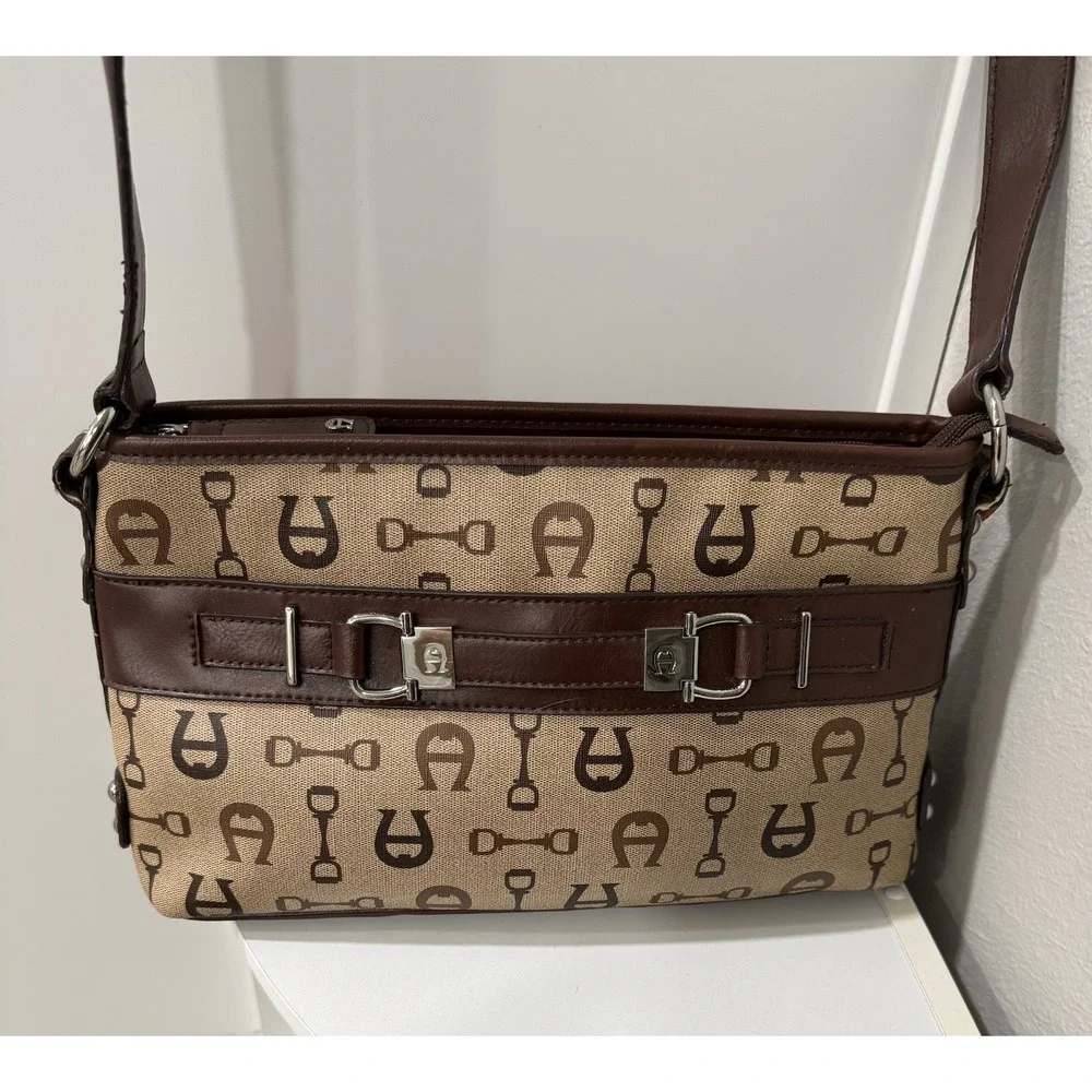Vintage Etienne Aigner Signature Brown Logo All Over Print Purse Bag